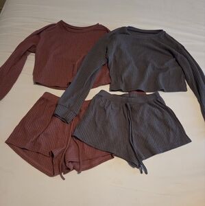 Cozy Waffle Knit Lounge Set in Dark Pink and Gray